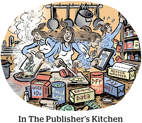 Publishers are extremely busy and need monetization tools that are a light a lift as possible. This is a comic that depicts a publisher frantically trying to monetize as represented by a person in a kitchen trying to do too many things at once.
